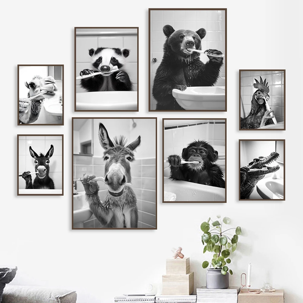 

Camel Monkey Donkey Bear Brushing Teeth Poster Funny Bathroom Wall Art Laundry Room Decor Retro Animals in Bathroom Humor Prints