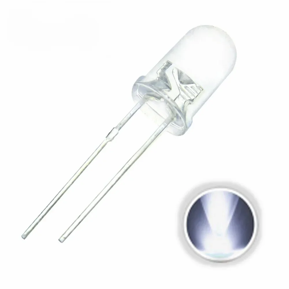 100 sztuk/partia F5 5mm biała okrągła woda przezroczysta ultra-jasna lampa LED diody elektroluminescencyjne — zdjęcie 2