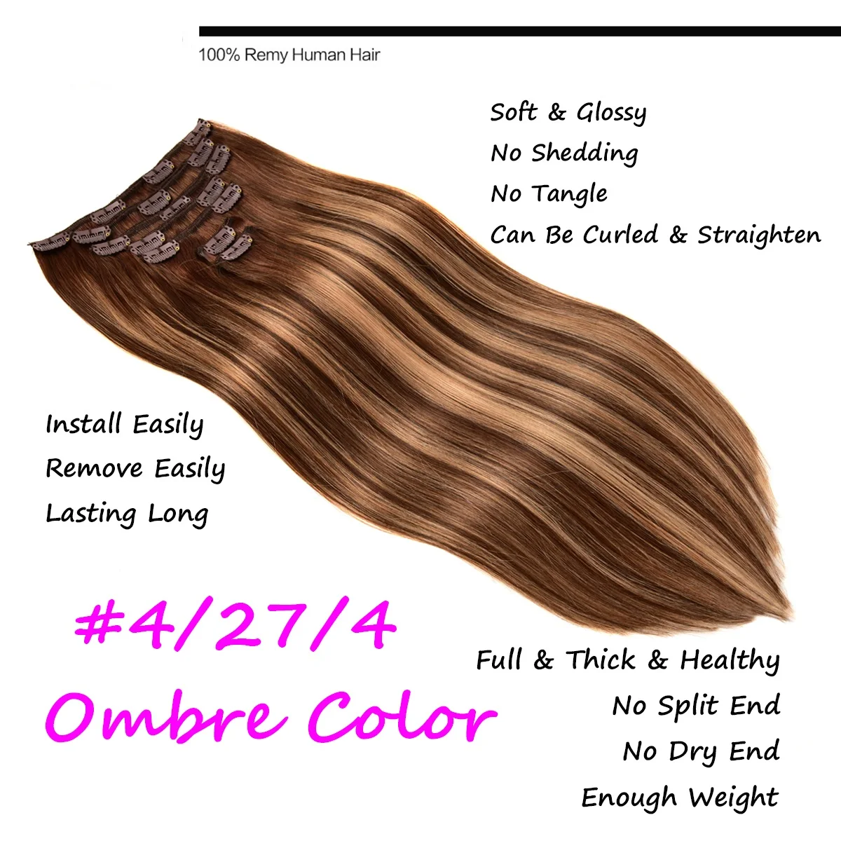 Real Human Hair Clip in Hair Extensions, Balayage Chocolate Brown Mixed Caramel Blonde Dark Roots Ombre 120g 7pcs 16 Clips in