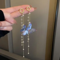 Korean Temperament Long Tassel Butterfly Drop Earrings Elegant Pearl Crystal Hanging Women's Earrings Fashion Jewelry Party Gift