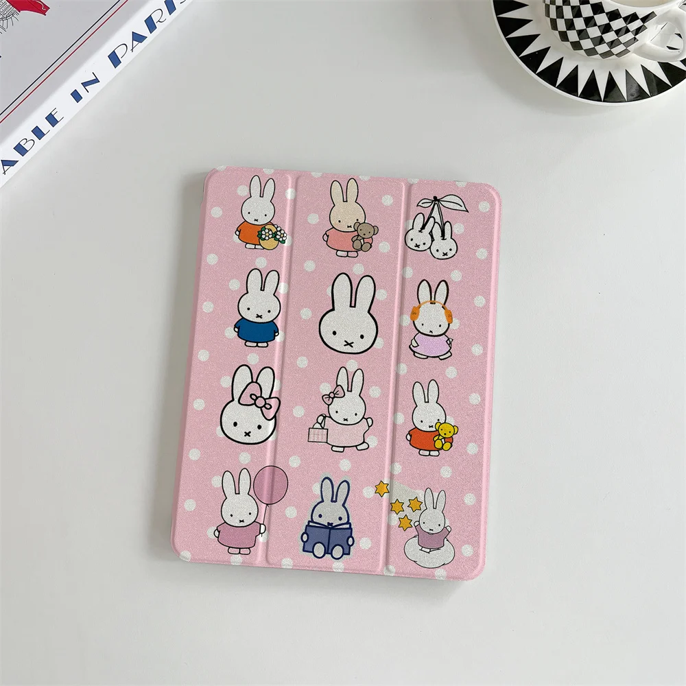 Pink Polka Dot Cute Miffy Rabbit Print iPad Case Tri-fold Cover For 2024 iPad 11' A16 Air5 Air4 IPad10 10.9 9.7 Mini 6 5 4