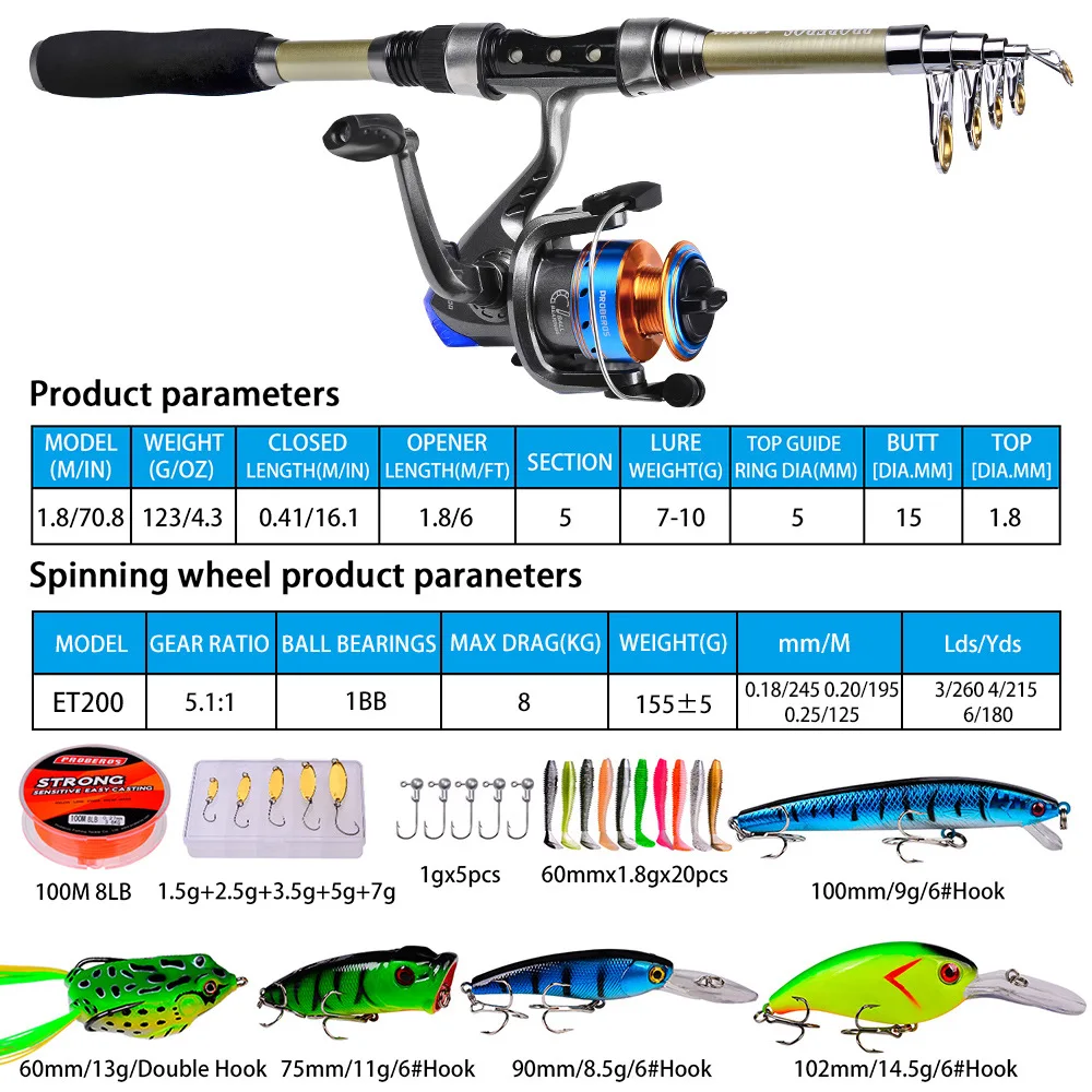 Proberos-Carbon Fiber Sea Fishing Rod Set, Long-Range Throwing Rod, Fishing Reel, Bag Combination