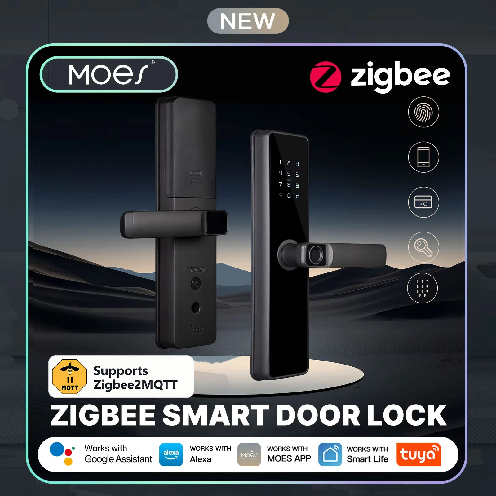 MOES Tuya Zigbee2MQTT Smart Door Lock Indoor Password Fingerprint Remote Unlock Keycard Tamper Alarm Battery Powered Alexa