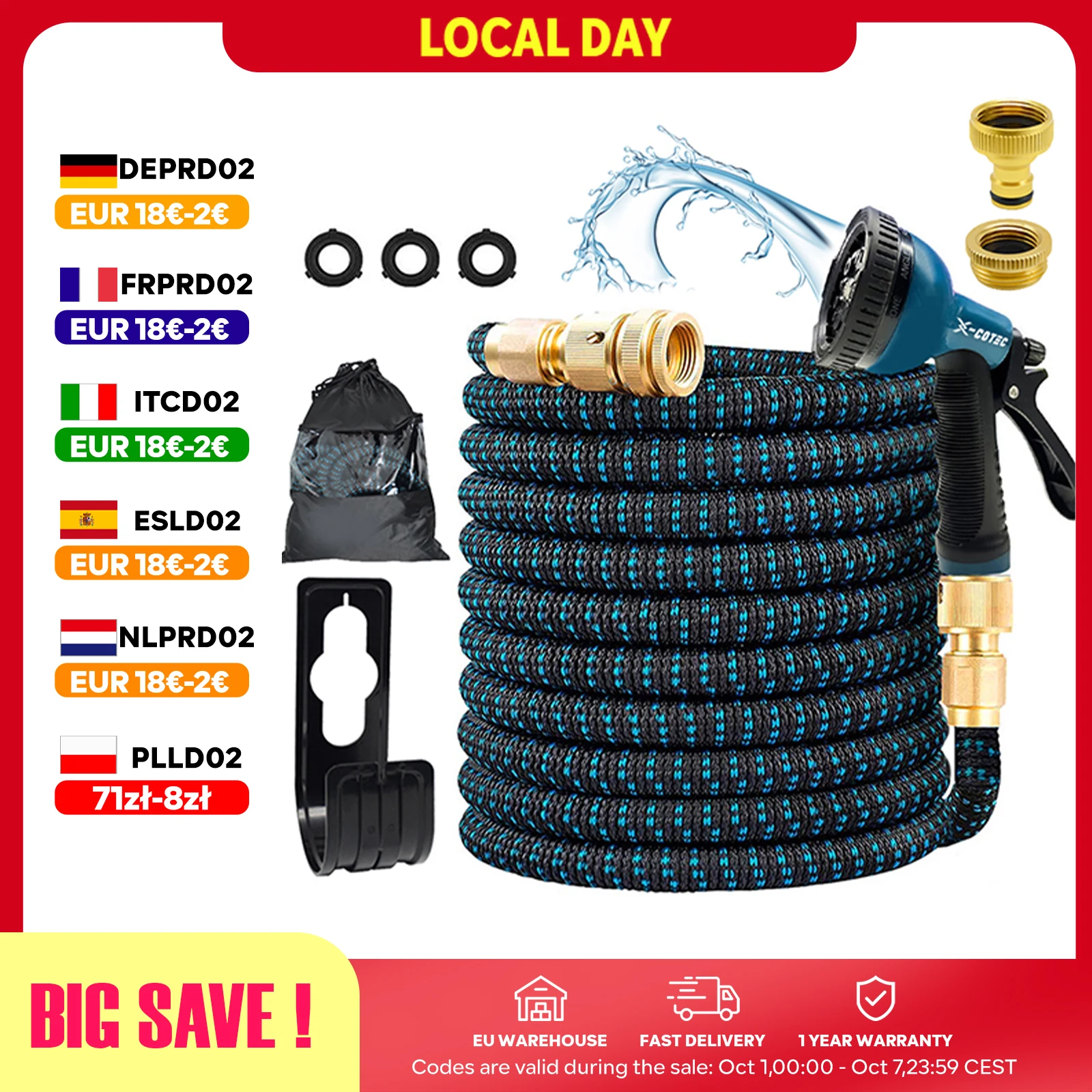 X-COTEC Tubo da Giardino Estensibile 15m/30m, Pistola 10 Funzioni, Raccordi in Ottone 1/2" e 3/4", Lattice a 3 Strati