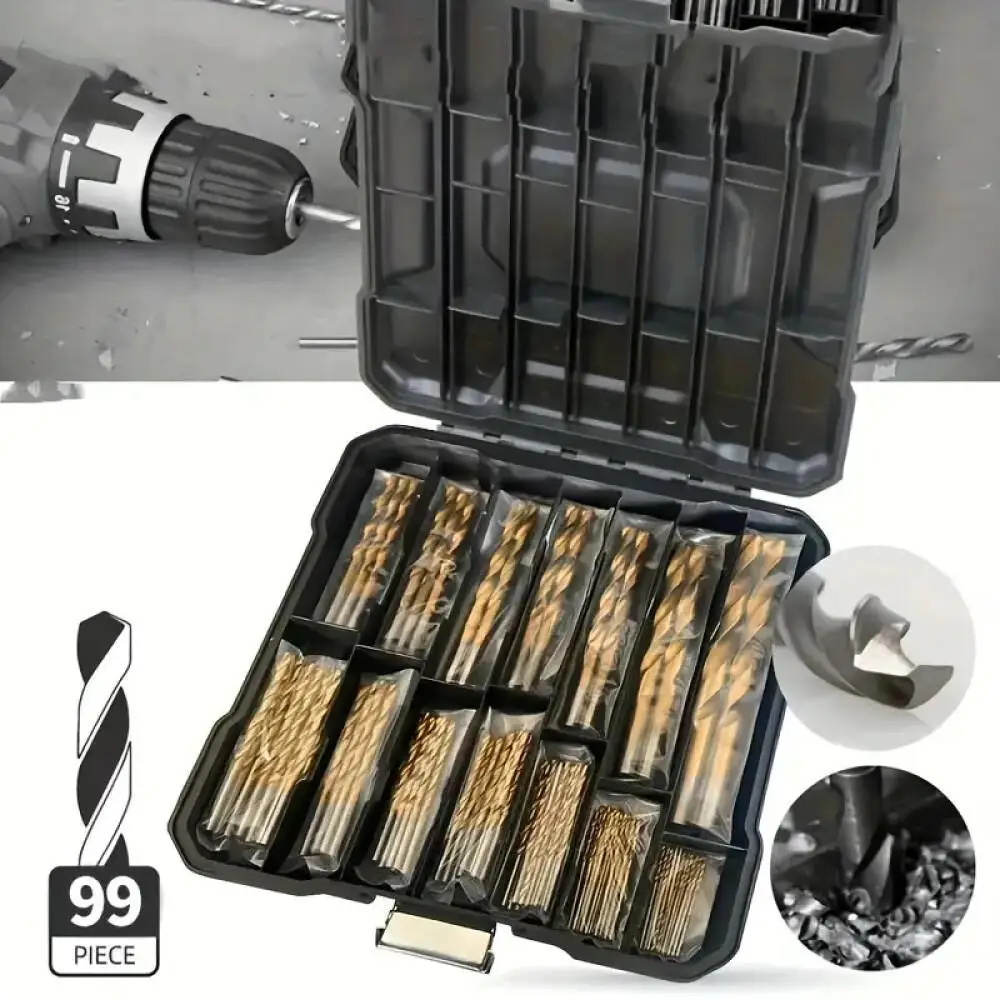 99-teiliges Bohrerset, 1,5–10 mm Rundschaft-Spiralbohrer, 135-Grad-Hochgeschwindigkeitsstahlbohrer, komplett mit Werkzeugkasten und Aufbewahrungskoffer, geeignet für Aluminium, Kupfer, Holz und