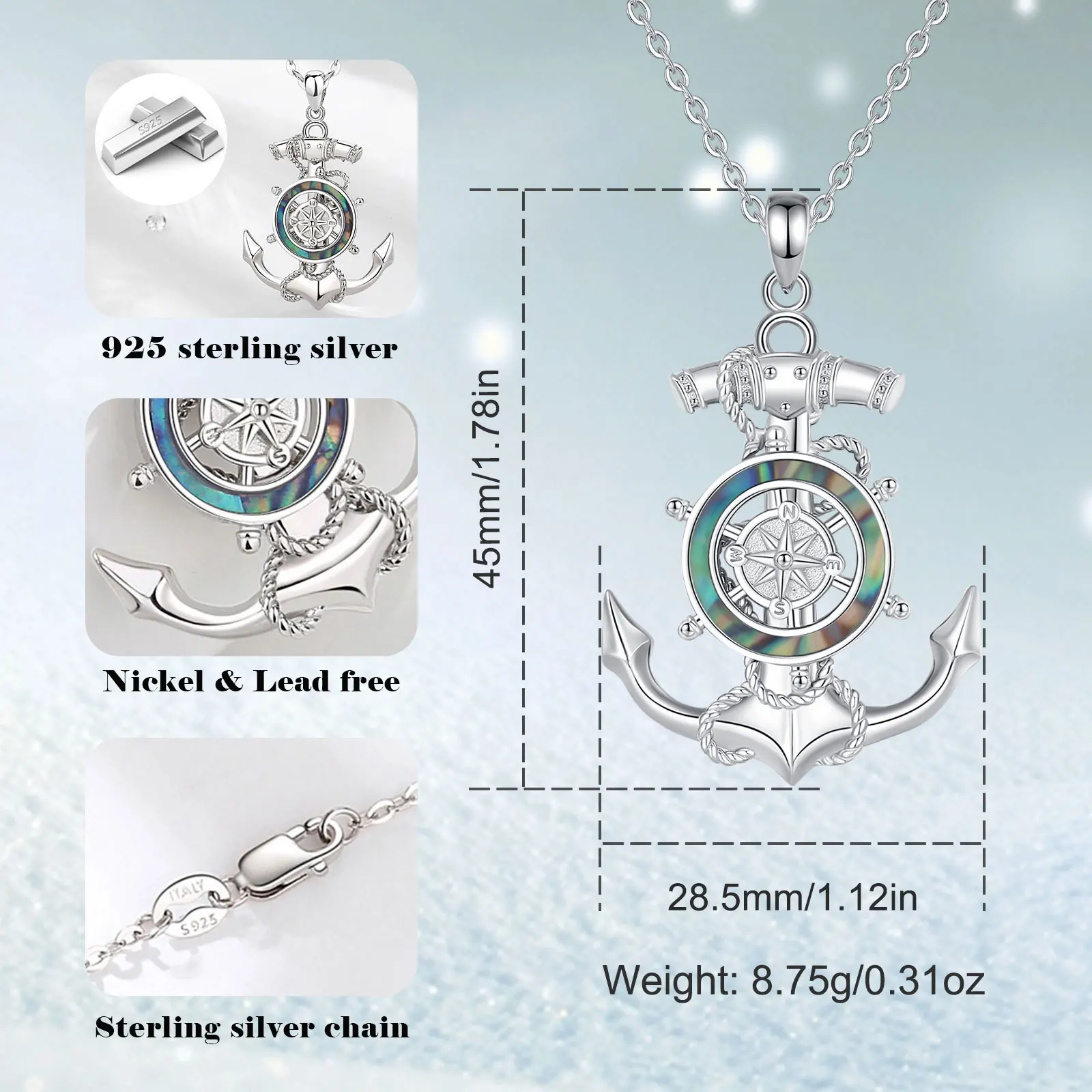Eudora Original 925 Sterling Silver Compass Necklace Natural Abalone Shell Anchon Pendant Personality Jewelry Rotatable Gift