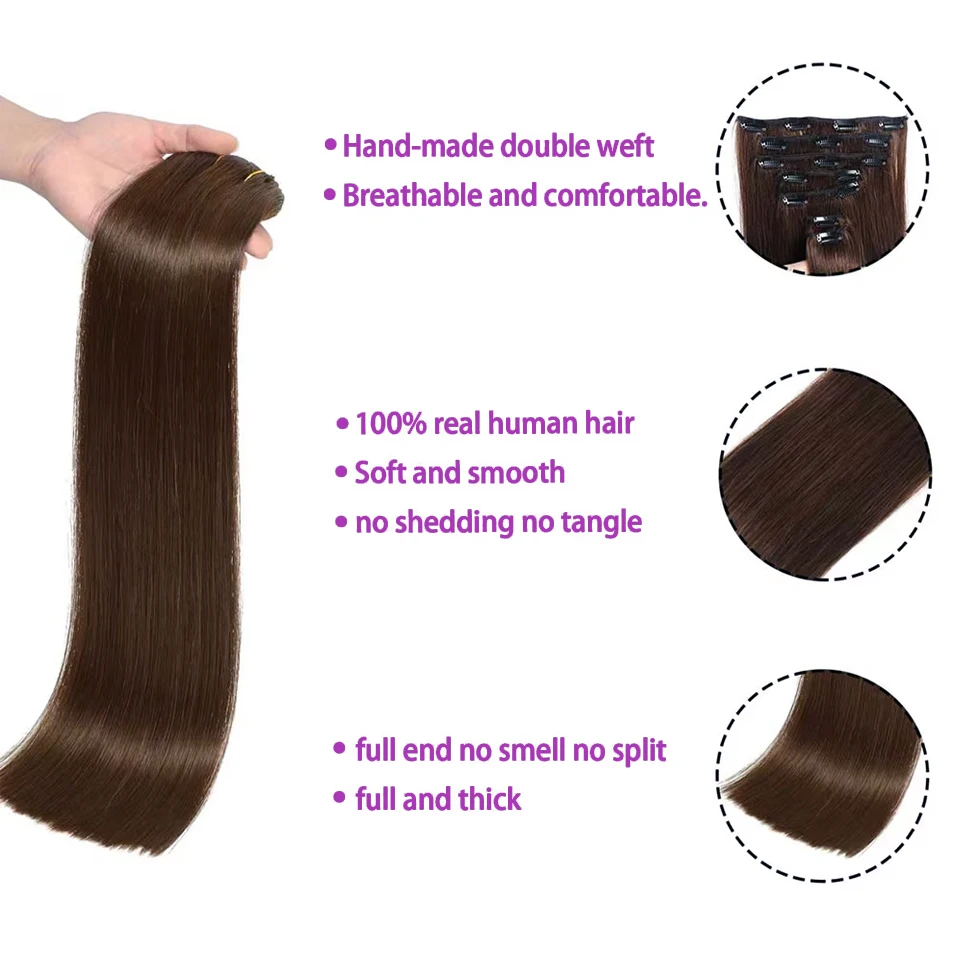 클립인 헤어 익스텐션 하이라이트 컬러 # 4/27 브라질 스트레이트 리얼 인모 헤어 익스텐션 클립 16-26인치 내추럴 컬러