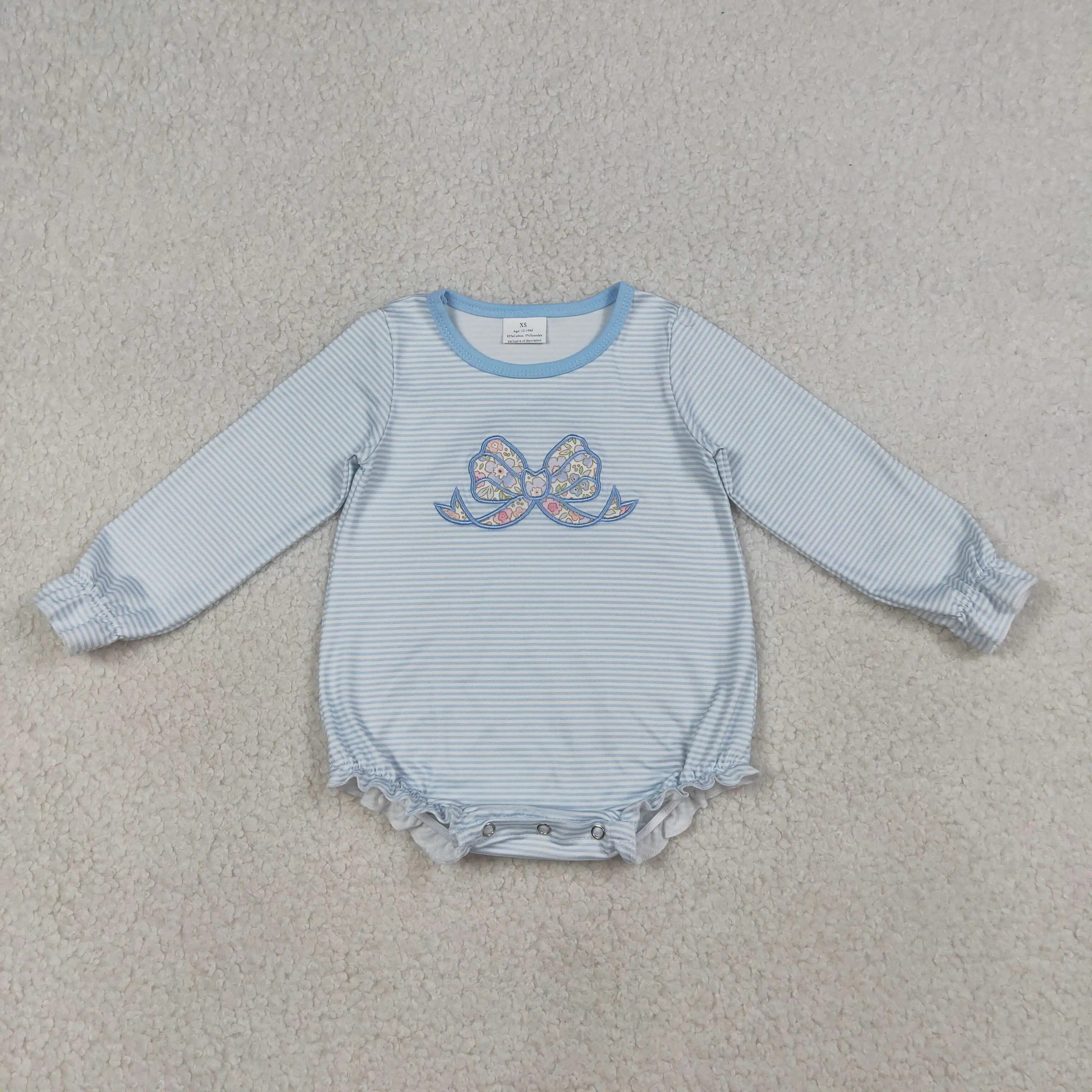 

LR2917 Wholesale New Designs Embroidery Floral Bow Top Baby Girls Blue Stripe Ruffle Rompers