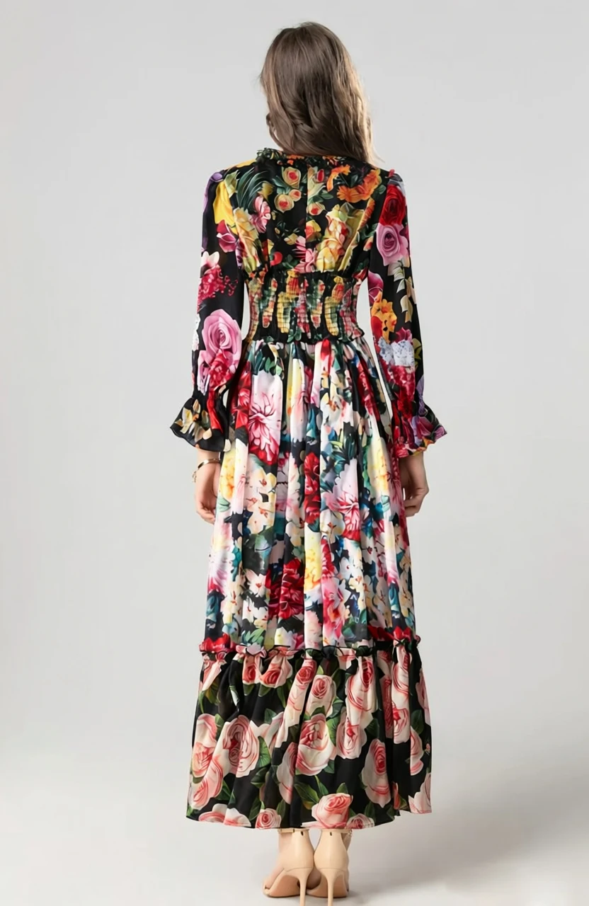 Damesjurk O-hals Lange mouwen Elastische taille Bloemenprint Ruches Elegante maxi-mode vestidos