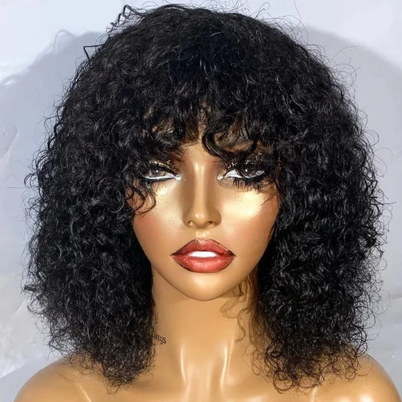 Black Short Curly Wig with Bangs Human Hair Wigs for Women Jerry Curl Bob Wig 150% Density Non Lace Front Glueless Wig Remy Hair