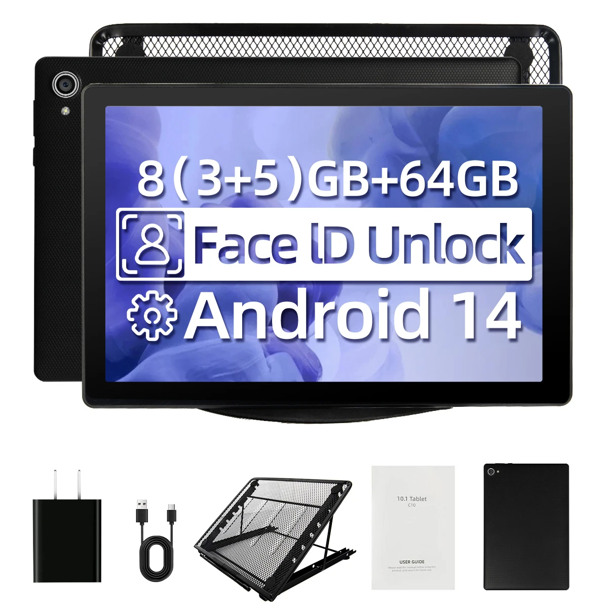 

C10 Tablet 10.1 Inch Android 14 Phablet 8GB RAM 64GB ROM (1TB TF) Widevine L1 HD Octa-Core WiFi6 Bluetooth 5.0 With Tablet Stand
