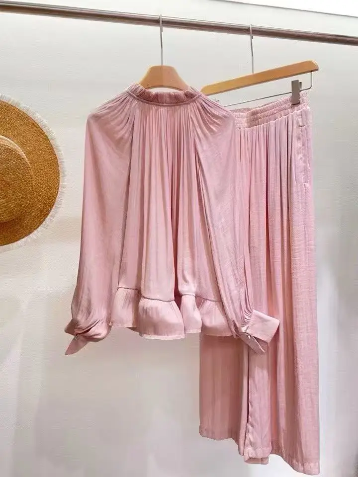 

Elegant pleated ruffled collar top and wide-leg pants set