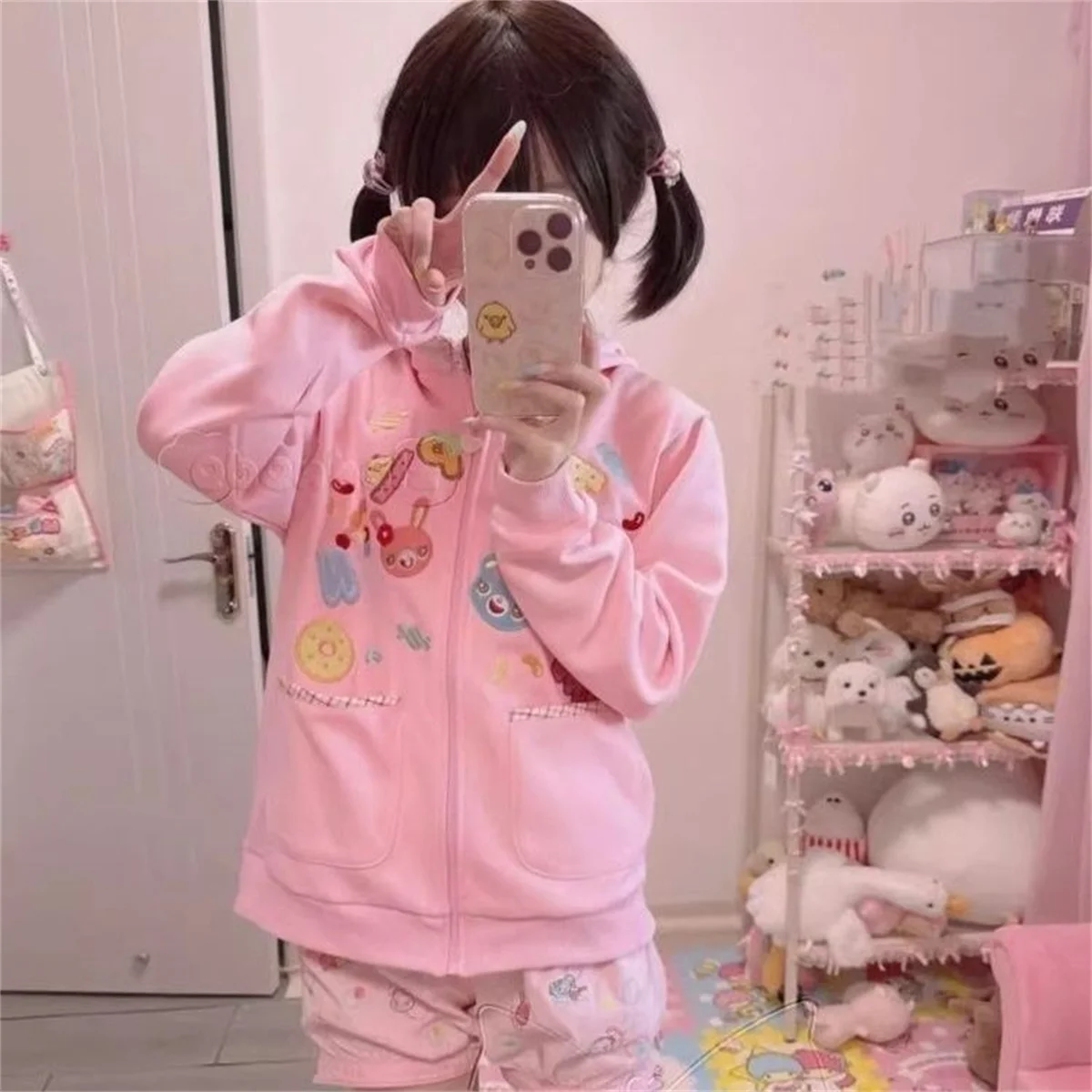 Pink Kawaii Plaid Hoodies Coat Japanese 2026 Women's Clothing Y2k Zippper Long Sleeve Hooded Cartoon Pattern Pocket Sweatshirts