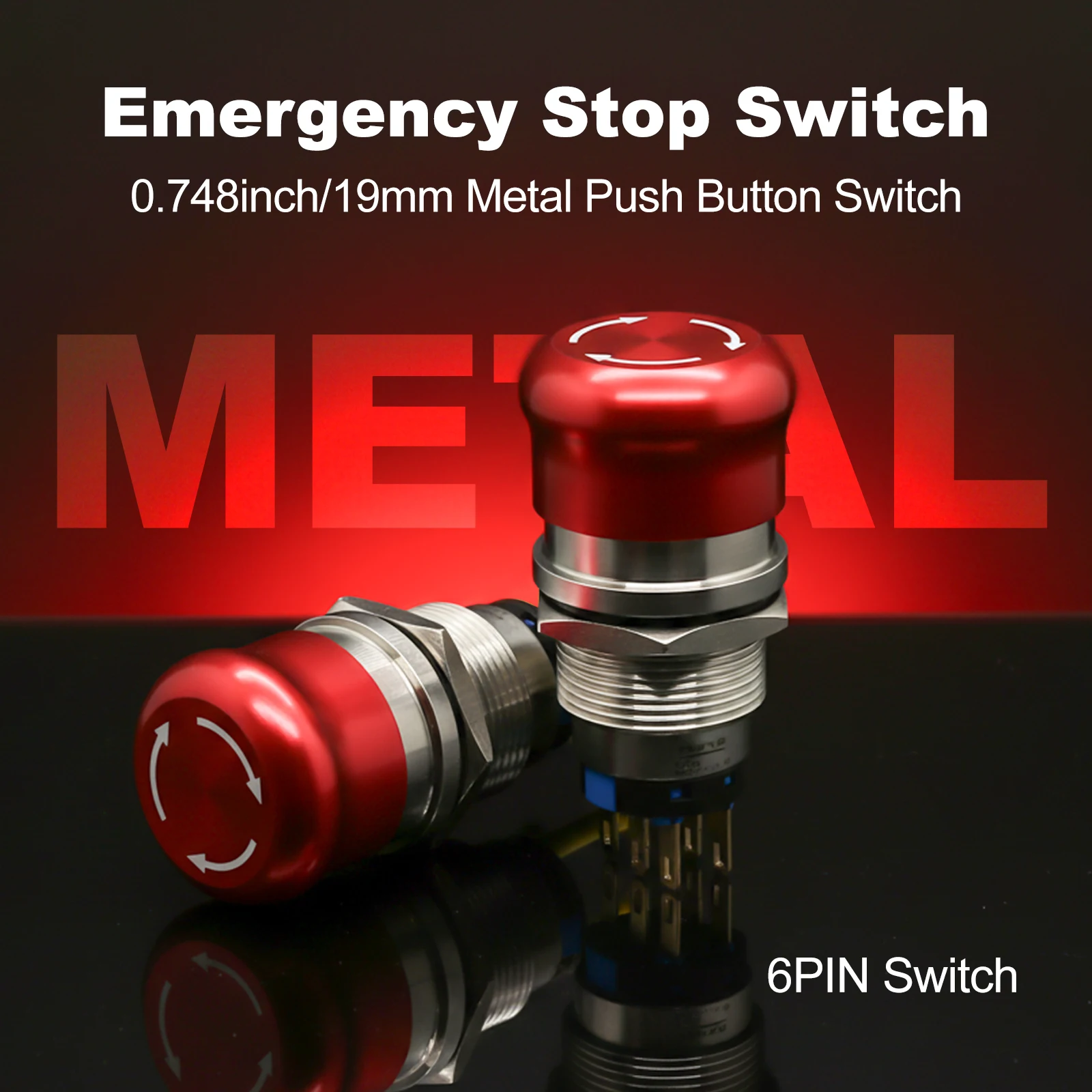 FILN 19mm Emergency Stop Metal Button Mushroom Head Push Button Stop Switch 2NO2NC Latching Switch Retention On Off