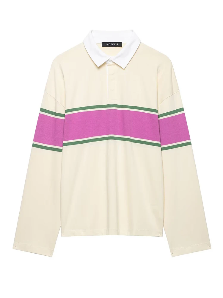 HH Casual Patchwork Striped POLO Shirt For Women’s Soft Long-sleeve Contrasting Fabric Detail Lapel Pullover Female Chic Tops