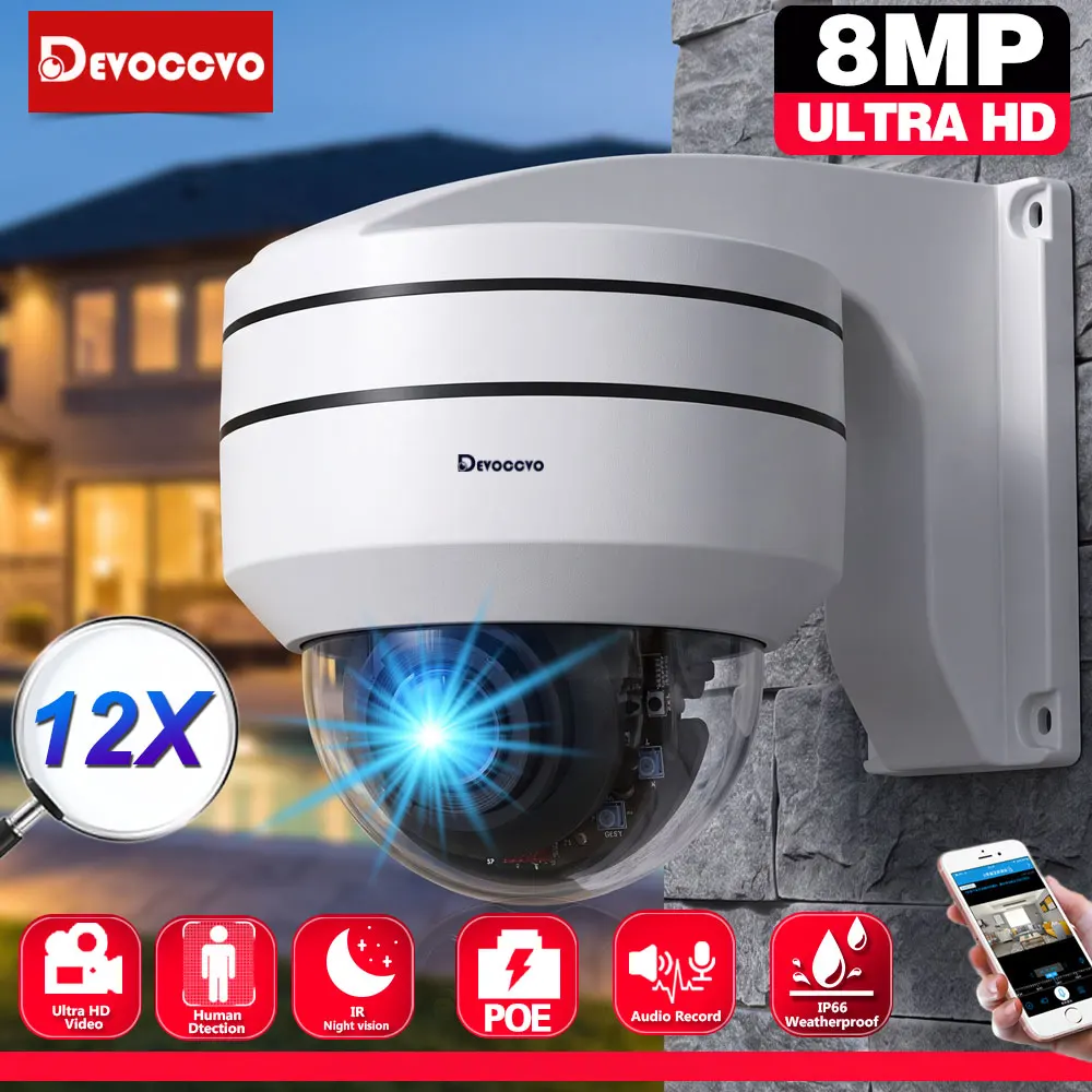 Caméra de sécurité PTZ POE 8MP pour usage extérieur avec zoom optique 12X, surveillance vidéo 4K, détection humaine 5MP, conception étanche, vision nocturne et surveillance à distance avec enregistrement audio