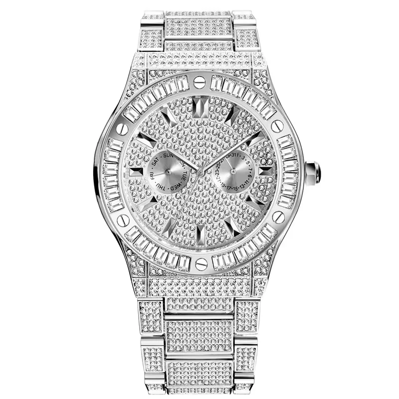 男性用高級ステンレススチール時計,正方形,ダイヤモンド,防水,ヒップホップ,ブランド