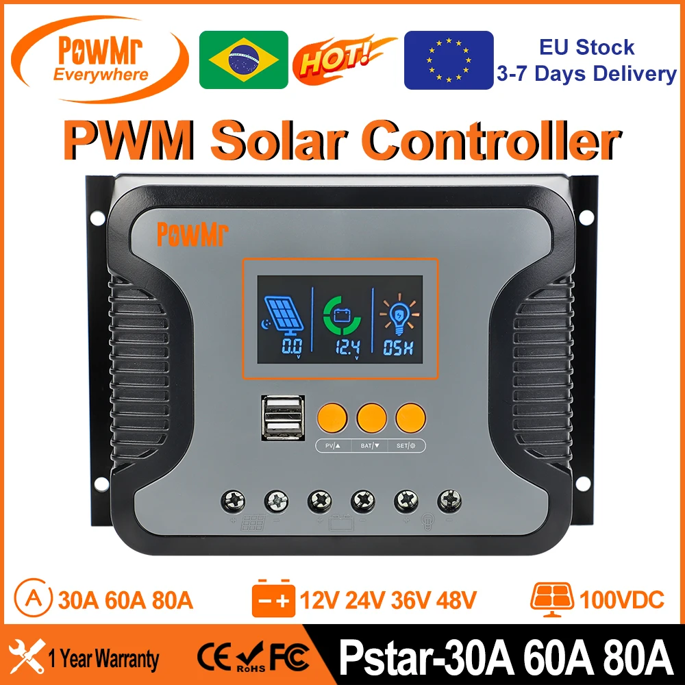 

PowMr 30A 60A 80A PWM Контроллер солнечного зарядного устройства для батареи 12V 24V 36V 48V с фотоэкраном USB 5V 2A выход слайд работает