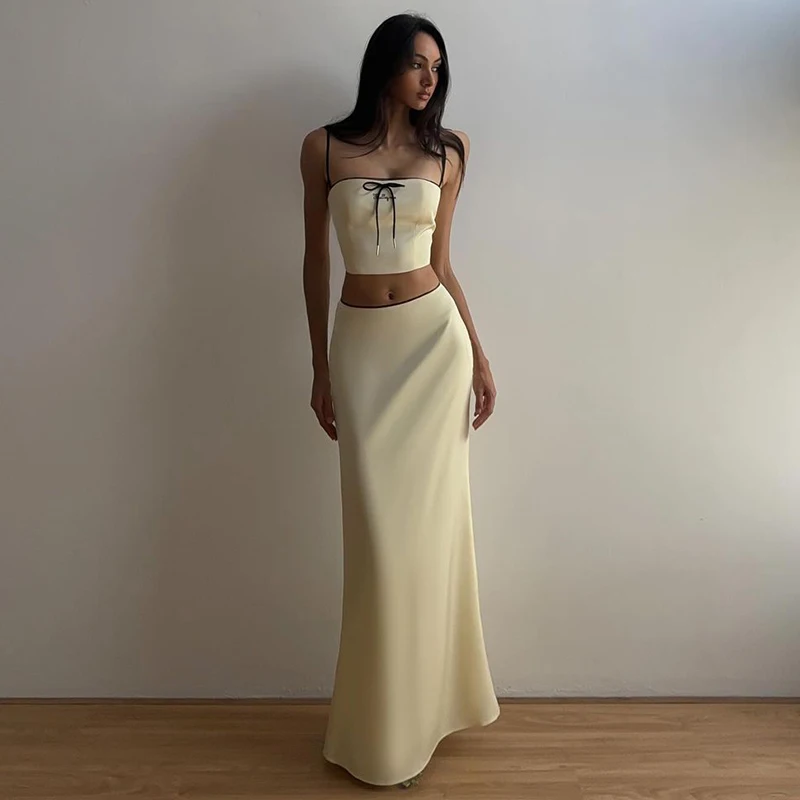 Skirt Two Piece Set Women Summer New Fashion Camis Solid Sleeveless Crop Top High Waist Skirt Slim Sexy Female Party Club Suit