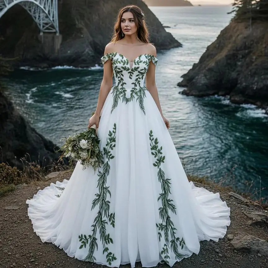Lakshmigown Green Gothic Wedding Dress Lace Off Shoulder Bohemian Alternative Bride Dress Ethereal Celtic Boho Bride Customized