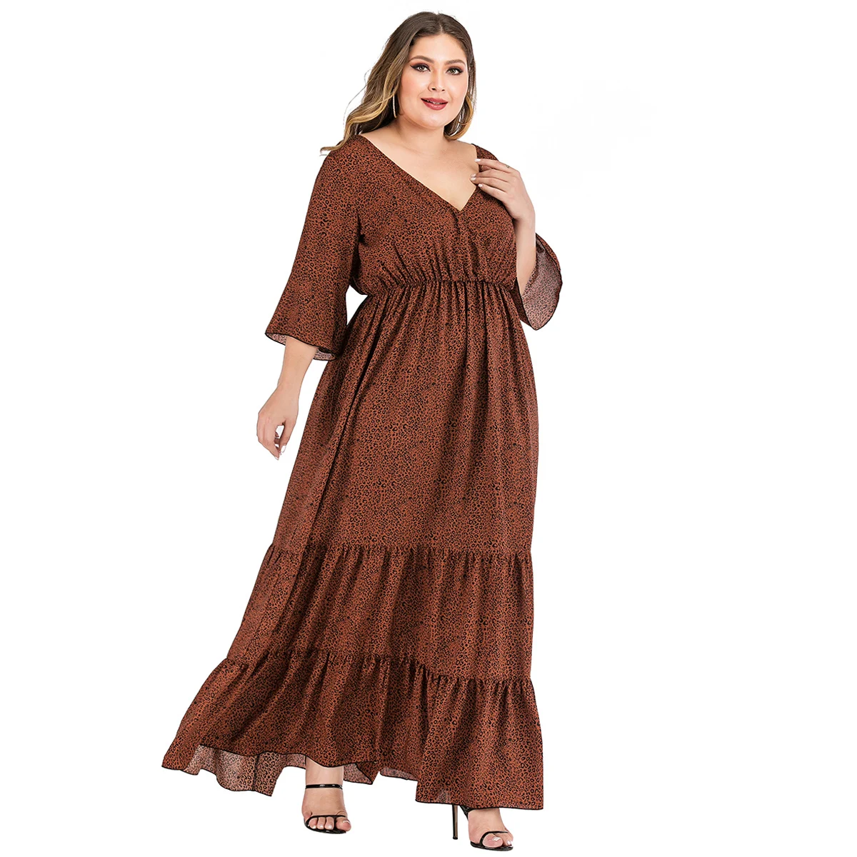 5XL 6XL Plus Size Dress Women Summer V Neck Flare Sleeve Leopard Print Boho Beach Dress Ruffles High Waist Maxi Long Dresses