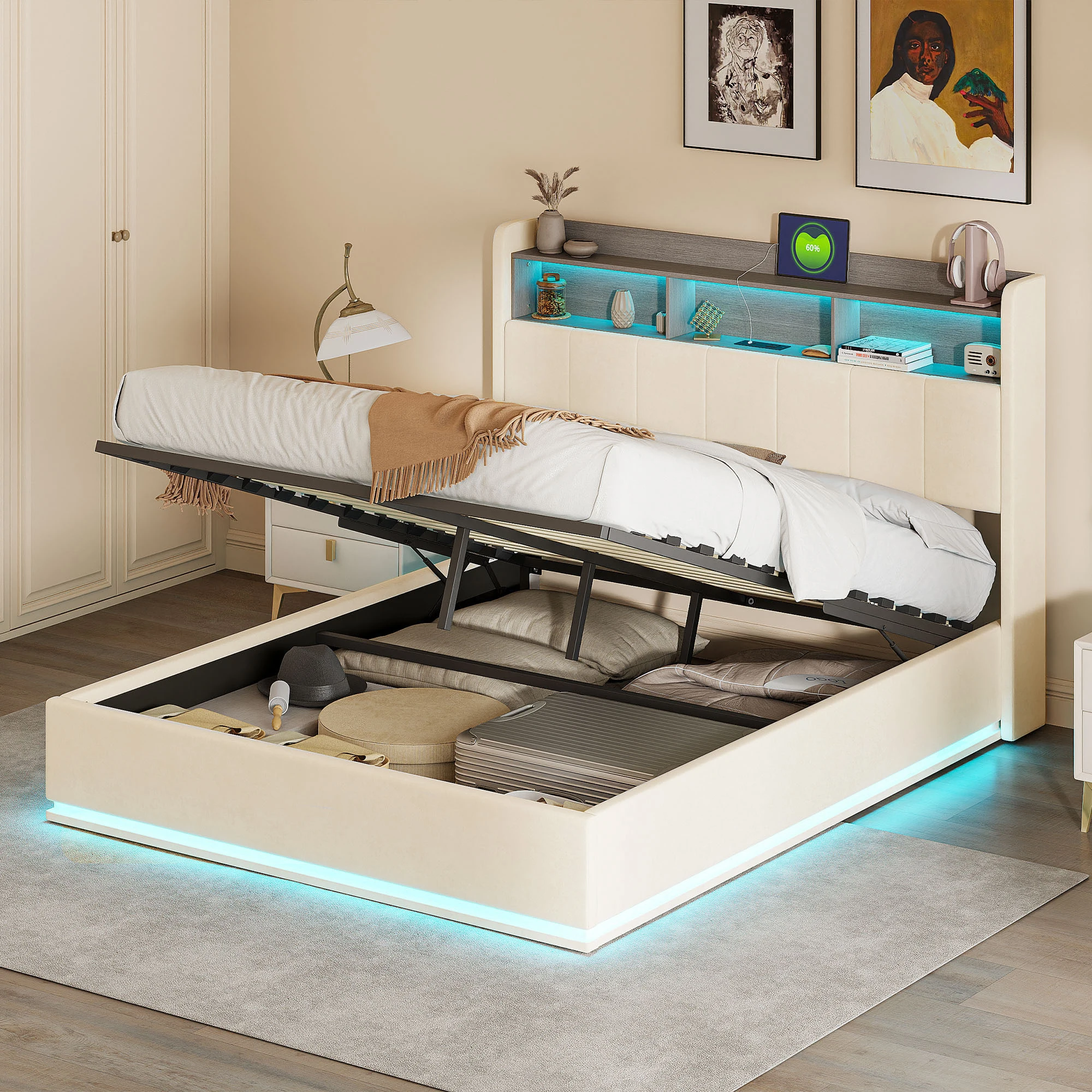 Anajqaqia, letto idraulico 140 × 190 cm, letto imbottito, letto per adulti, letto matrimoniale, struttura letto multifunzionale per appartamento, letto per ragazzi, struttura letto per camera da