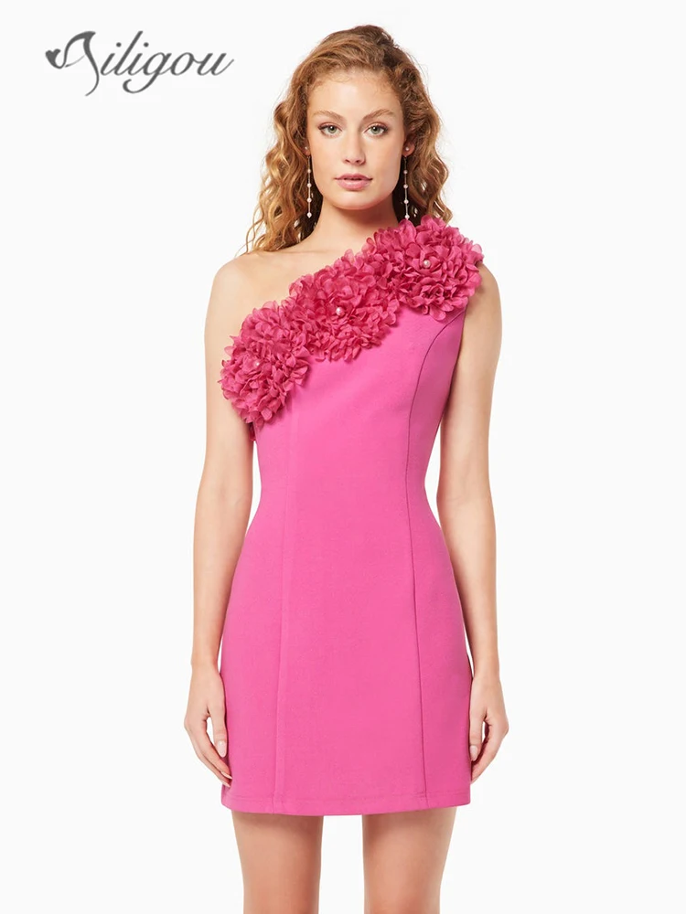 

Ailigou 2023 New Summer Women's One Shoulder Sleeveless 3D Large Flower Sexy Tight Mini Dress Elegant Celebrity Party Dress