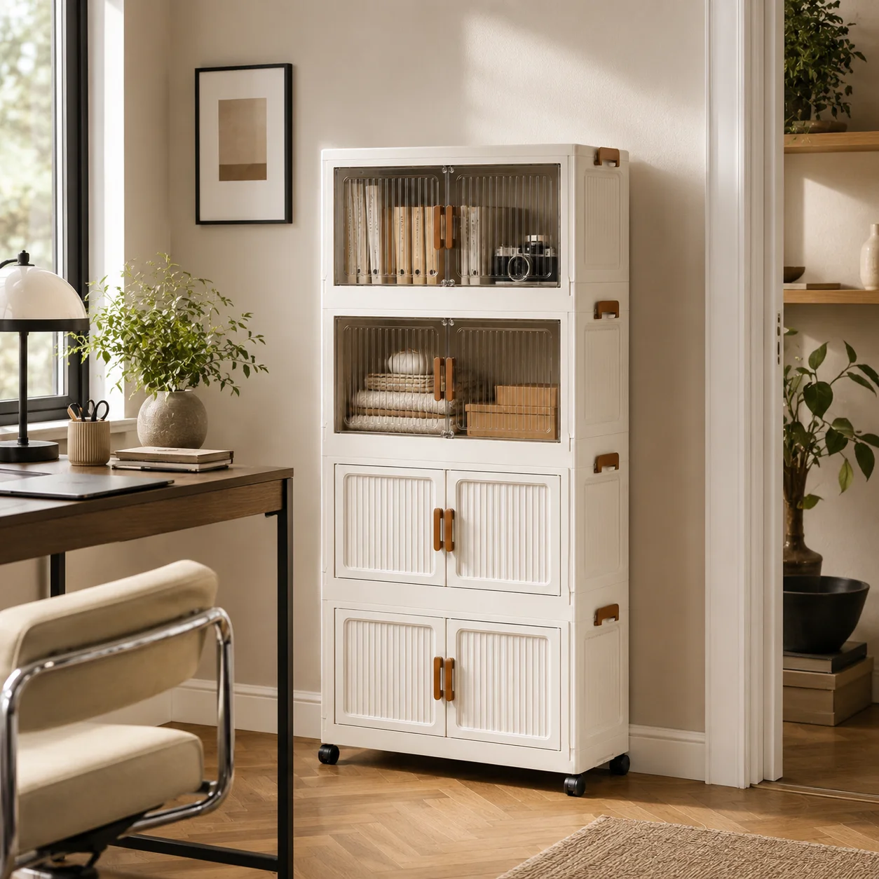 Four-tier foldable and stackable storage cabinet with wheels, foldable plastic storage box with striped transparent flip-top door, white freestanding space-saving storage cabinet, suitable for storing bedroom clothes, office books, bathroom supplies, and
