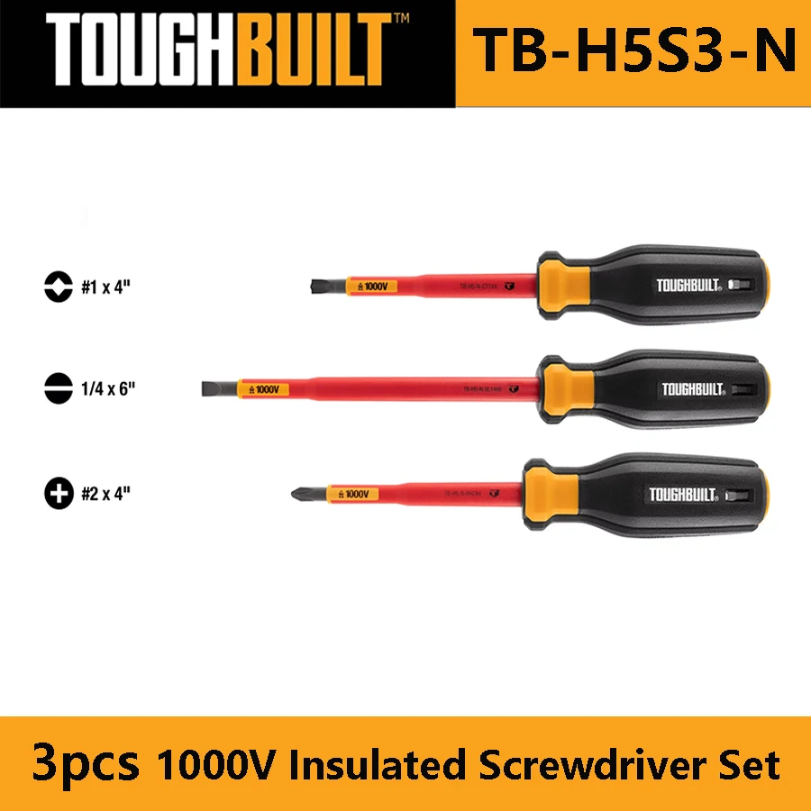 TOUGHBUILT TB-H5S3-N 3pcs 1000V Insulated Screwdriver Set S2 Alloy Steel Compression Resistant Screw Driver Set Hand Tools