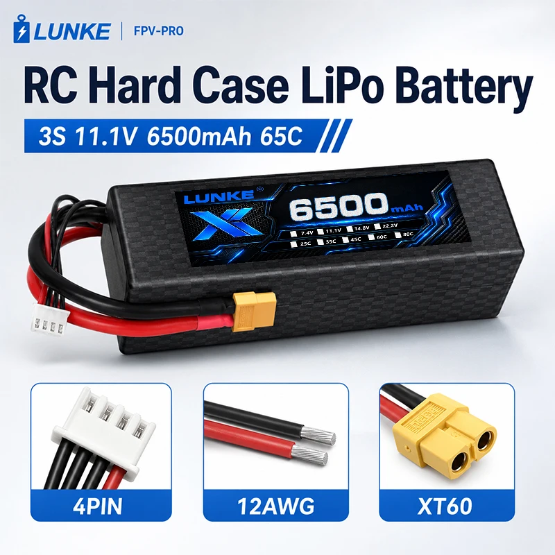 14.8V 6500mAh 65C 4S LiPo Battery Pack Hard Case T Deans Plug High Power Battery for RC Car Drone Boat