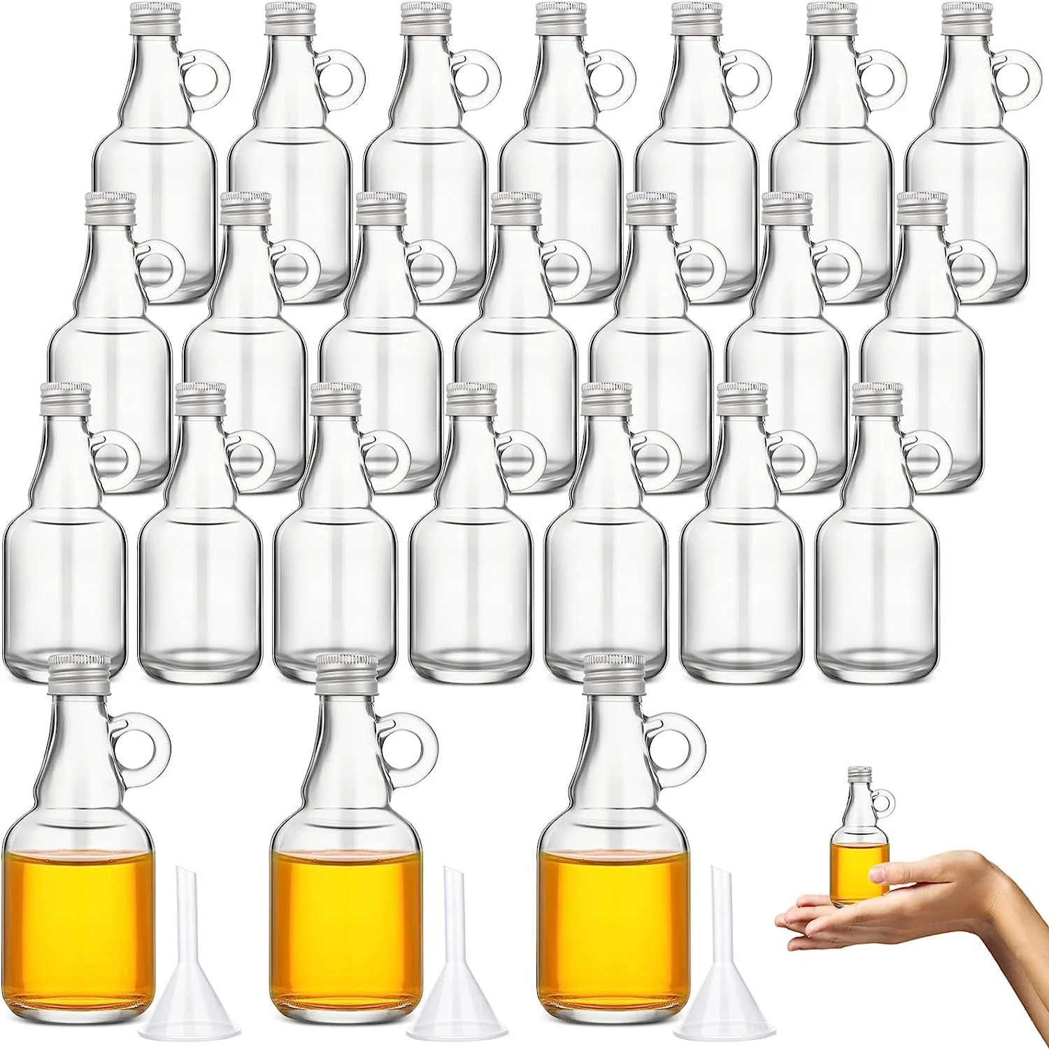 

Mini Glass Bottles Bulk with Loop Handle Aluminum Lids Empty Container Jar with Funnels for Juice Milk Storage Gift Sauce Oil