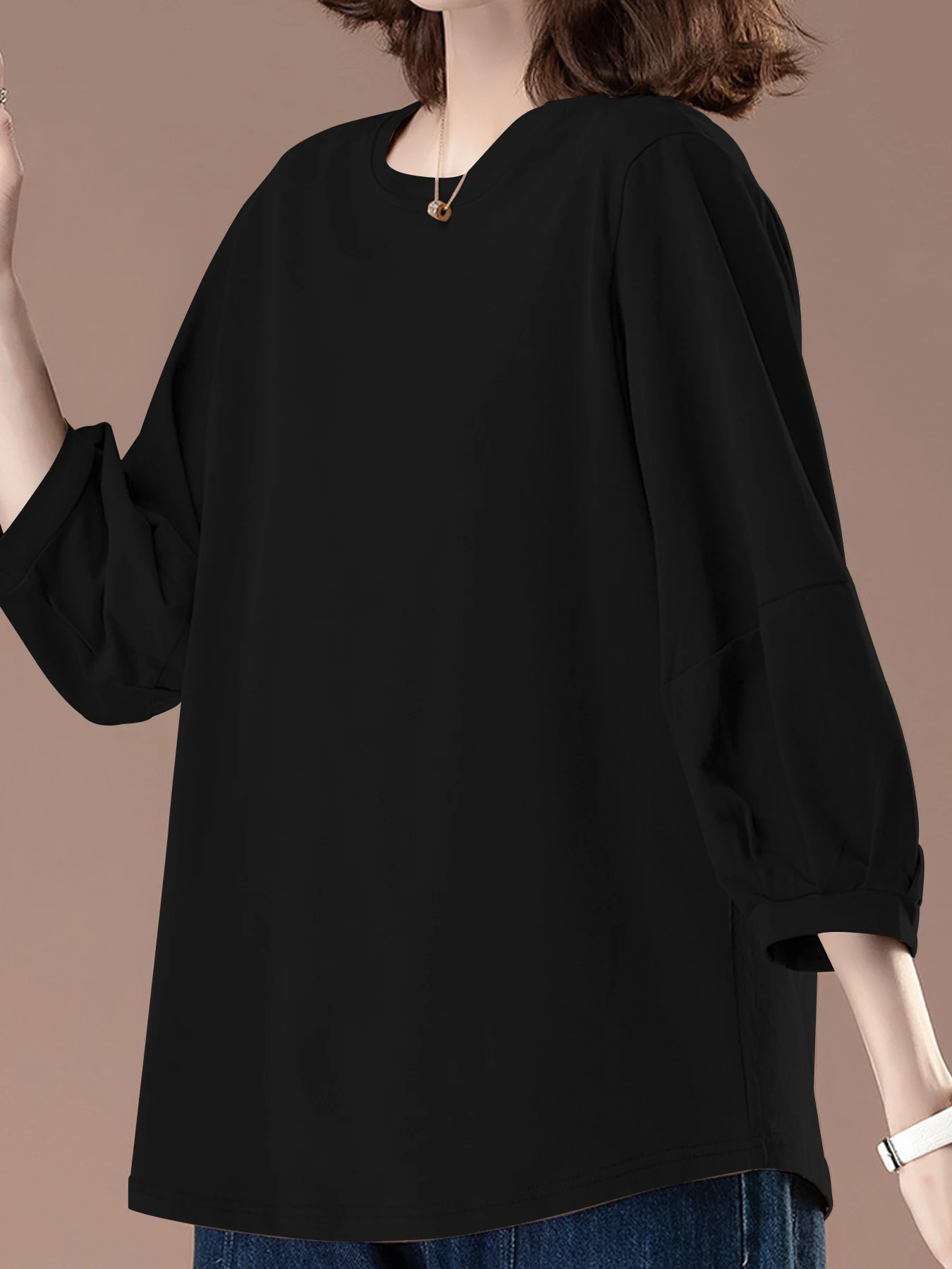 Damen-Tops mit 3/4-Ärmeln, Rundhalsausschnitt, lässig, trendig, lockere T-Shirts – Detail 16