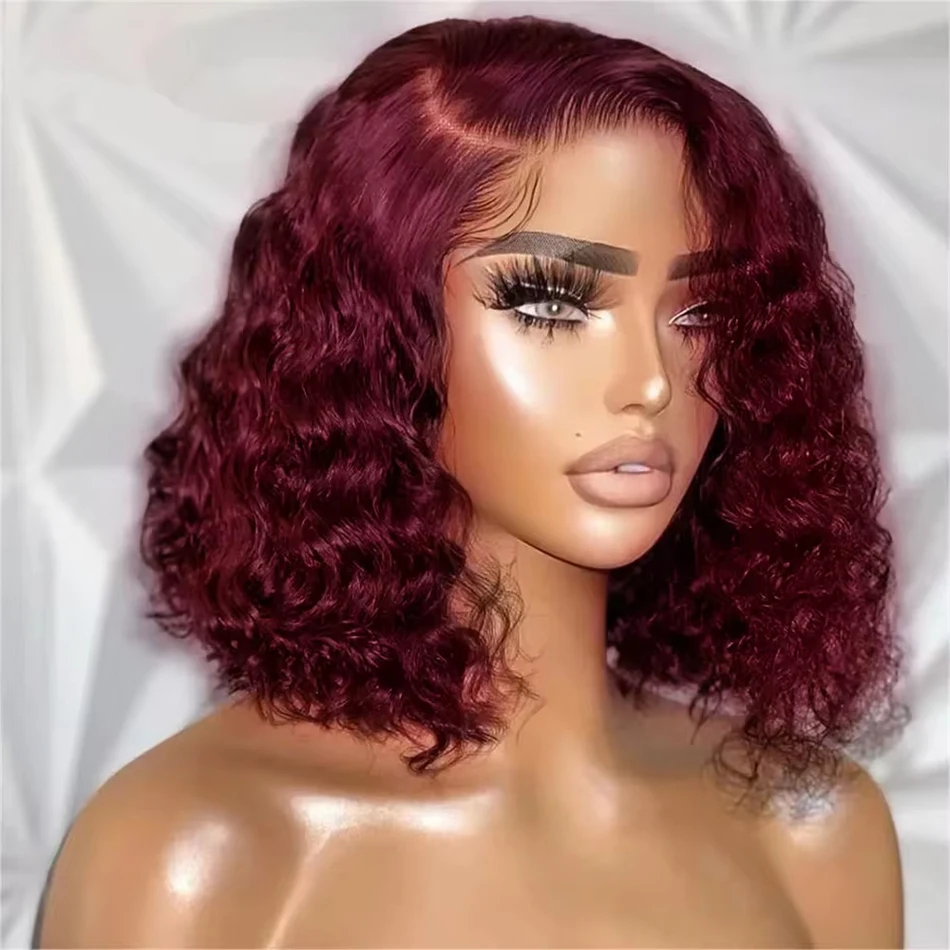 

99J Red Deep Water Wave 200% Density Burgundy Short Bob 100% Human Hair 13x4 Lace Frontal Wig Brazilian Remy Closure Curly Wigs