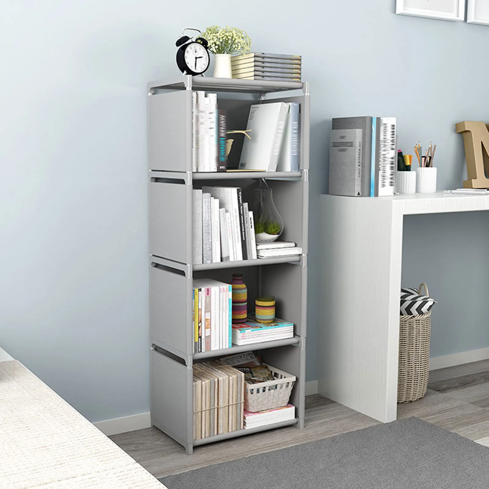 4-Tier Bookcase Wall Bookshelf Leaning Wall Shelf Shelving Ladder Storage Home Metal &Woven Fabric Grey Strong Bearing Capacity