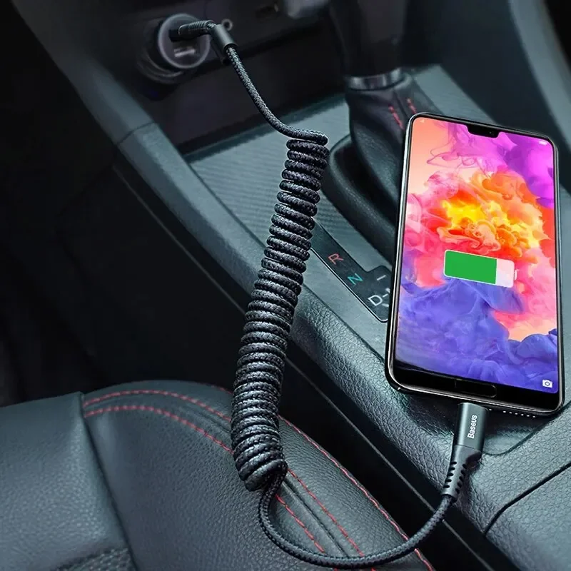 Bas192.- Câble USB de type C à charge rapide, chargeur de téléphone de voiture télescopique à ressort, câble USB pour Samsung Xiaomi Redmi
