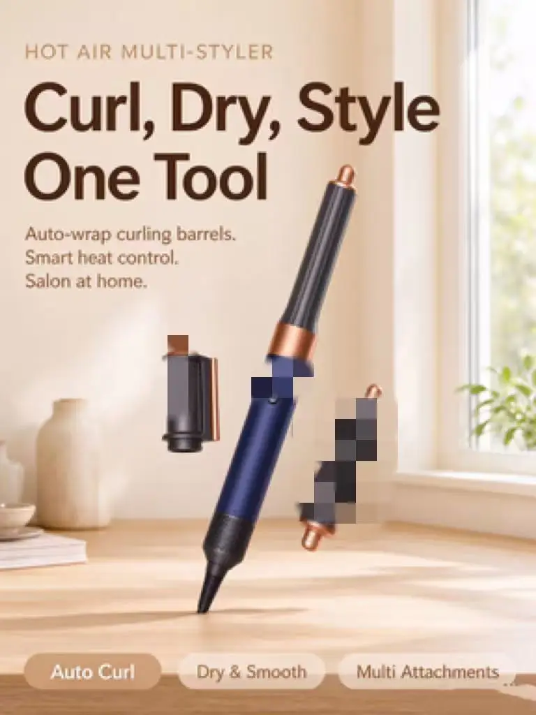 Ionic Hot Air Hair Styler, Multiple Magnetic Styling Attachments 3 Heat Settings Hair Curler, For Salon‑Grade Hairstyle at Home for Ladies