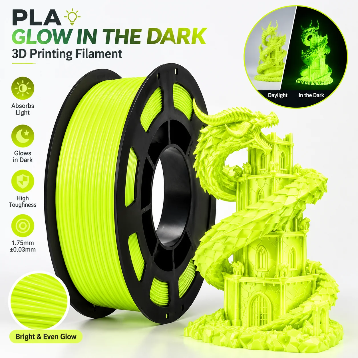 Luminous Yellow PLA 3D Filament Glow in Dark,200g 1.75mm(0.0689in), Nozzle 190-210℃, Print Bed 0-60℃ for FDM Printers