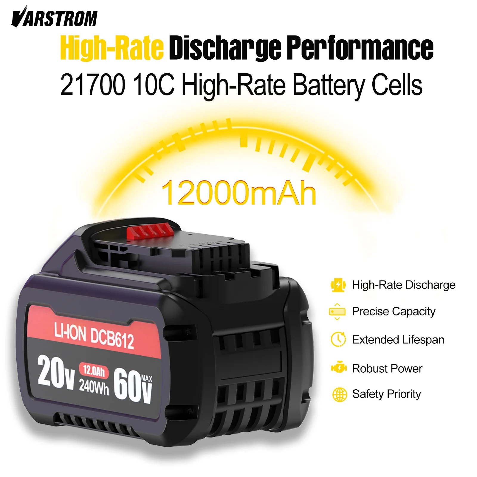 Varstrom Battery For DeWalt 20V 12.0mAh/6.0mAh MAX Li-ion Battery For DeWalt DCB606- DCB612 DCB609 For Flexvolt Tool Batteries