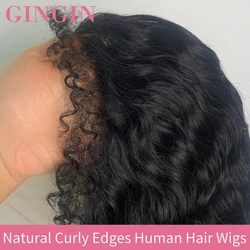 Peluca rizada con malla frontal, cabello humano con bordes 4C, pelucas de encaje de cabello de bebé, rayita rizada Natural realista, 180% de densidad