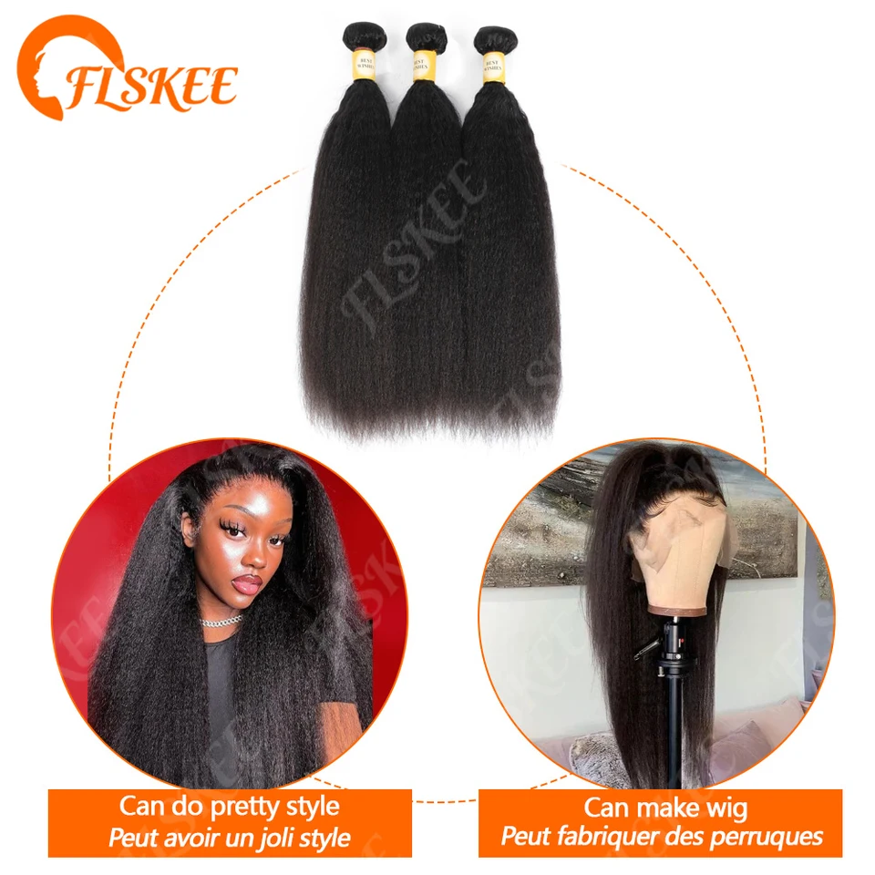 Paquete de 3 trenzas de cabello humano FLSKEE de 30 pulgadas, indio 12A, kinky recto, crudo, yaki recto, doble trama, para trenzar 4