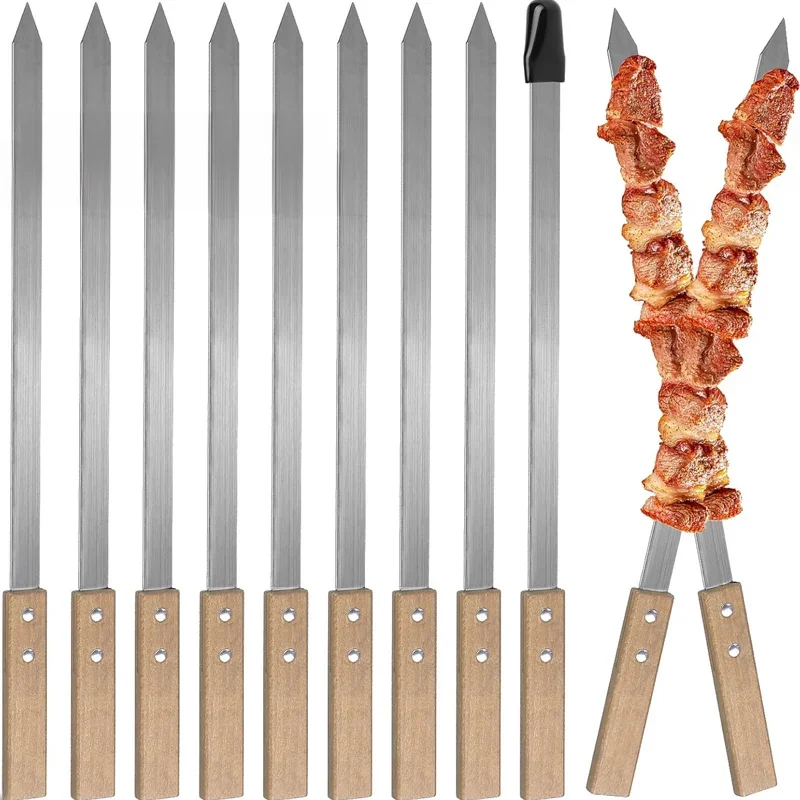 Szaszłyki Kabab Koobideh o szerokości 2,3 cm Płaski szaszłyk do grillowania ze stali nierdzewnej Szaszłyki do grillowania wielokrotnego użytku Płaski kij z drewnianą rączką — zdjęcie 2