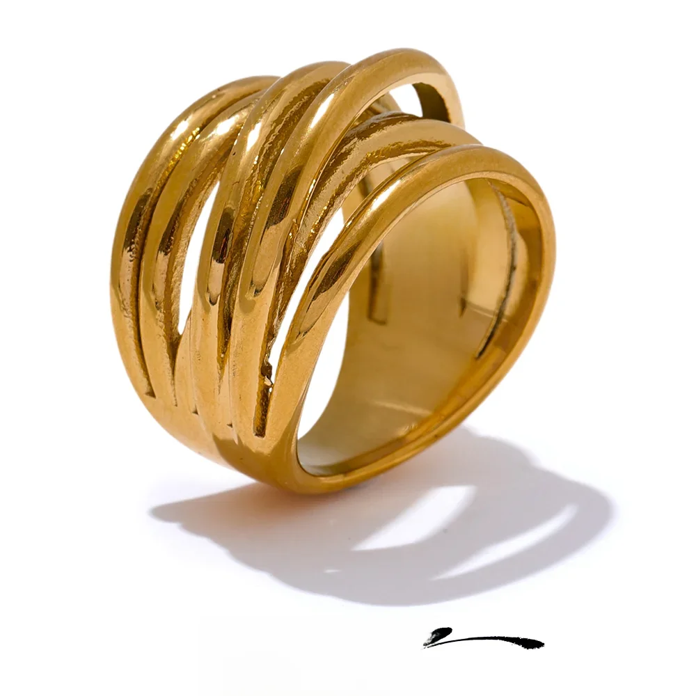 Yhpup Stal nierdzewna 18K PVD Plated Metal Geometryczny złoty szeroki pierścionek Modny złoty kolor Urok Oświadczenie Biżuteria — zdjęcie 2