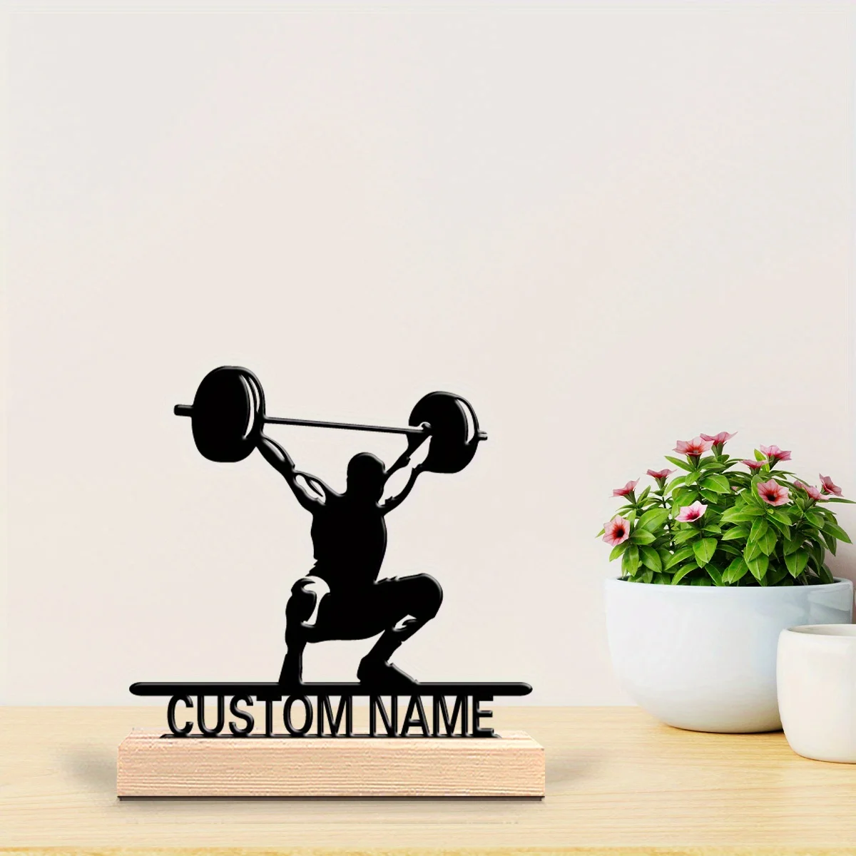 A Personalized Weightlifting Decoration - Custom Name, Sturdy Metal Statue with a Natural Wood Base - for Home Gyms