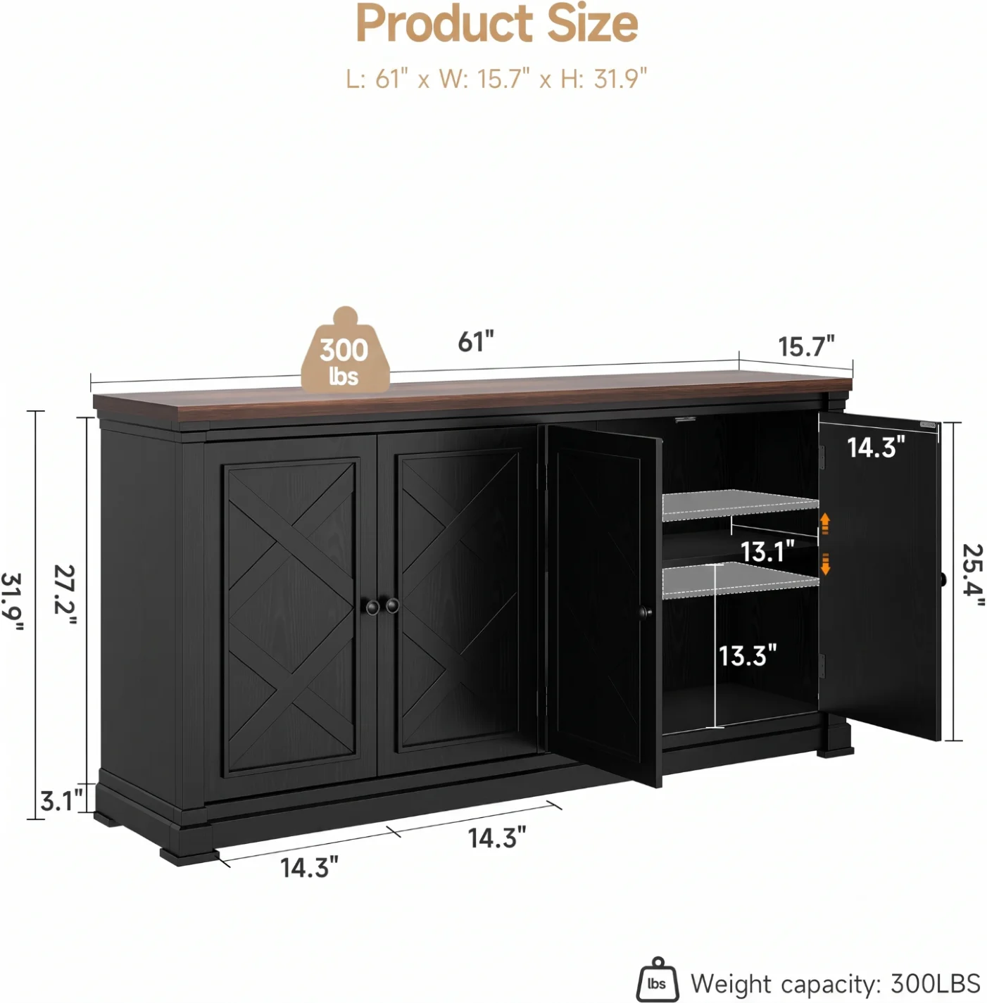 63 Inch Solid Wood Sideboard Buffet Cabinet W/ 4 Barn Doors & Adjustable Shelves, Hidden Storage Coffee Bar for Kitchen Living Room Entryway, Black