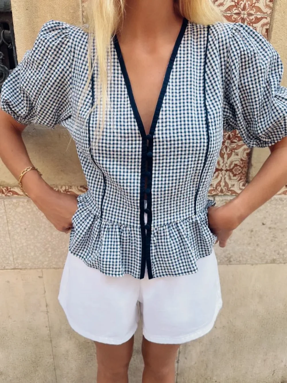 Women Plaid Checkered Blouse Deep V Neck Puff Sleeve Peplum Top French Cottagecore Vintage Summer Short Sleeve Shirt