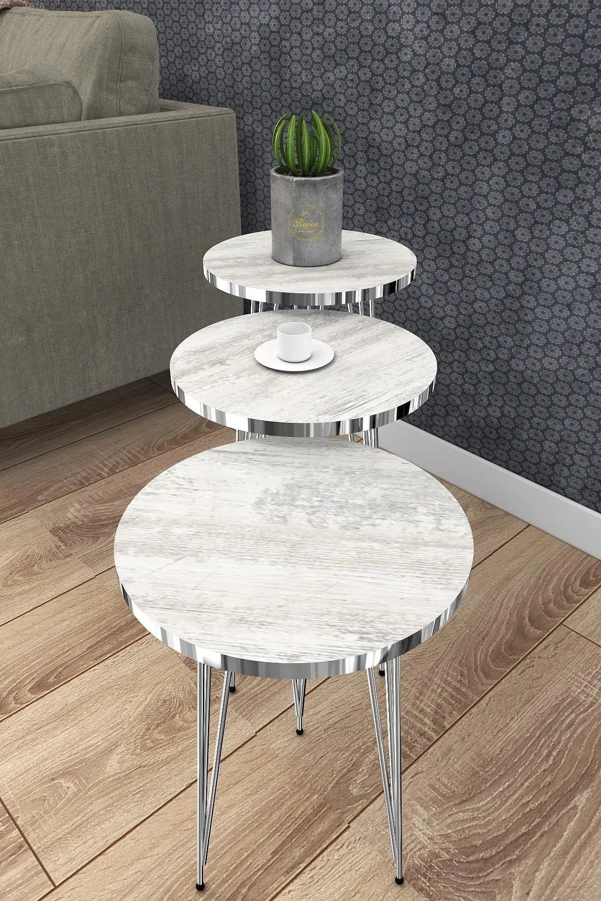 Set of 3 Nesting Tables Round Marble Pattern for Living Room Home High Quality Silver Metal Leg 3 Pcs Furniture Accessorys