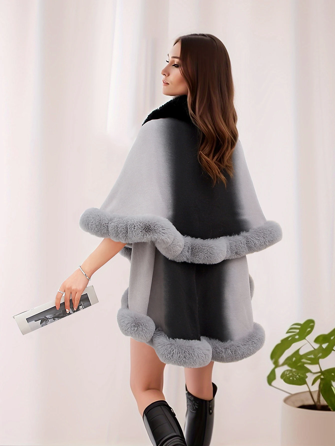 Gradient Color Faux Fur Collar Double Layer Knitted Cardigan Coat with Fringe Design Warm Shoulder Shawl Outerwear