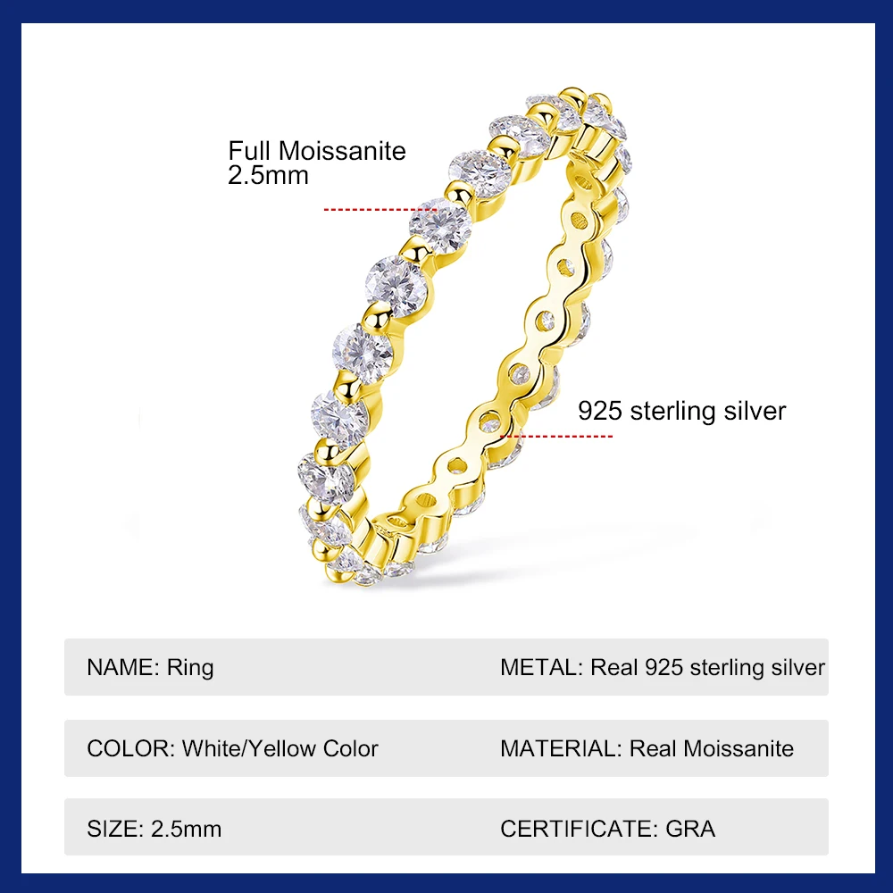 2.5mm All Moissanite Stackable Ring S925 Sterling Silver Full Eternity Band For Women Wedding Engagement Anniversary Jewelry
