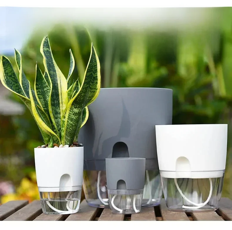 Pot de fleur en plastique Transparent Double couche, Pot de fleurs auto-arrosage, corde en coton, petit Pot de plante avec Port d'injection