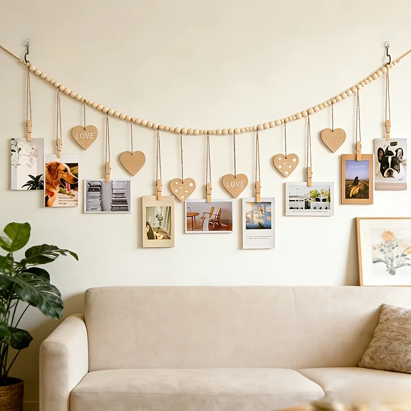 2PCS Bohemian Beaded Photo Display with Clip Picture Storage Wooden Bead Heart Garland Log Living Room Home Decoration Wall